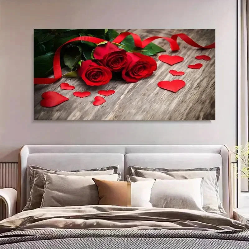 Romantic Red Roses & Love Heart Wall Art Canvas Office Home Room Framed 120x60cm - Bella Home Decor