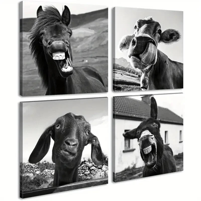 4pcs Cattle Goats Horse Donkey Sheep Funny Decor Wall Art Canvas Framed