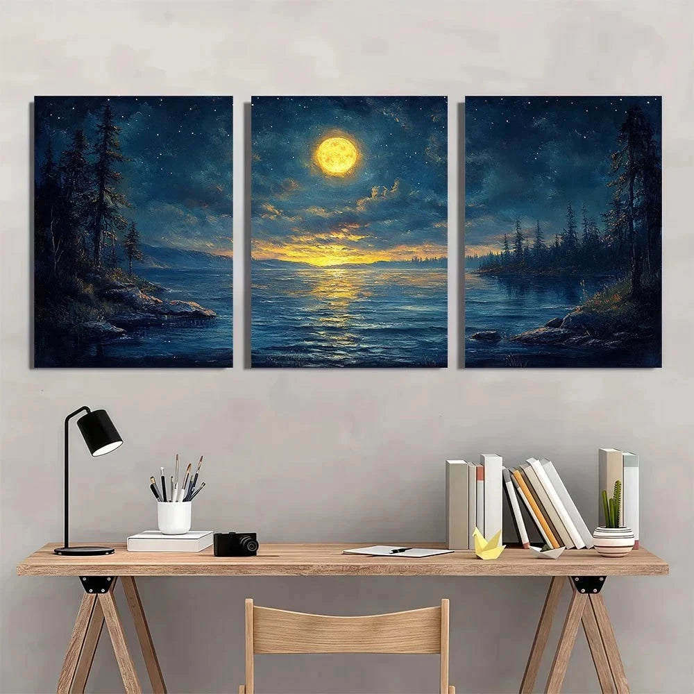 3pcs Moonlit Waters and Starry Sky Metal Print Ready to Hang Art - Bella Home Decor