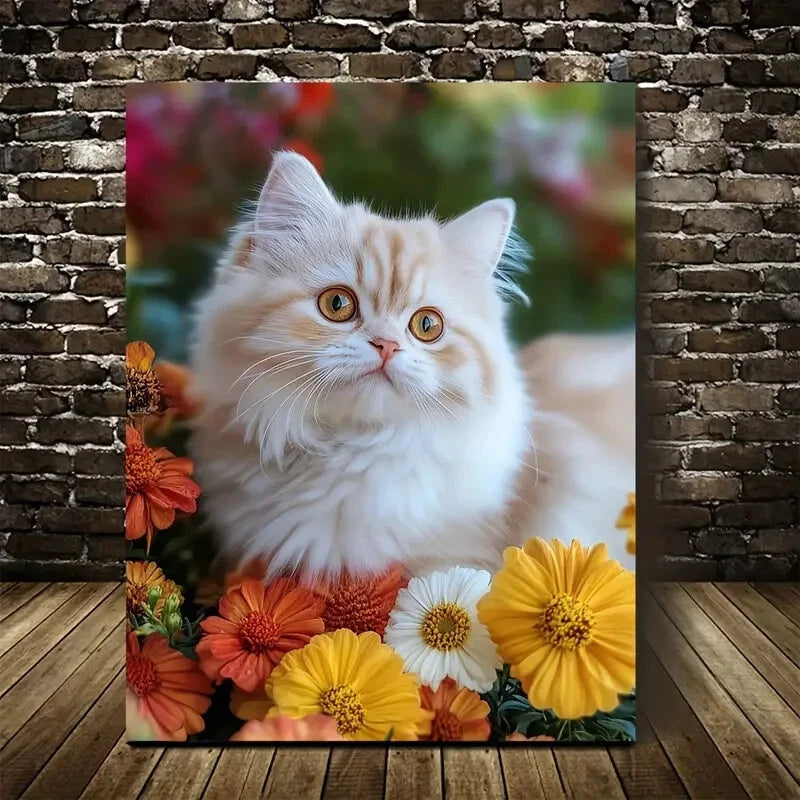 Beautiful Cute Persian Kitten with Flowers Painting 40x60cm Metal Print Ready to Hang - Bella Home Decor