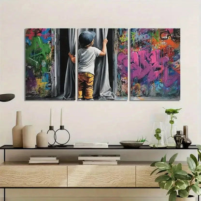 3pcs Boy Revealing Graffiti Behind Curtain Metal Print Ready to Hang Art - Bella Home Decor