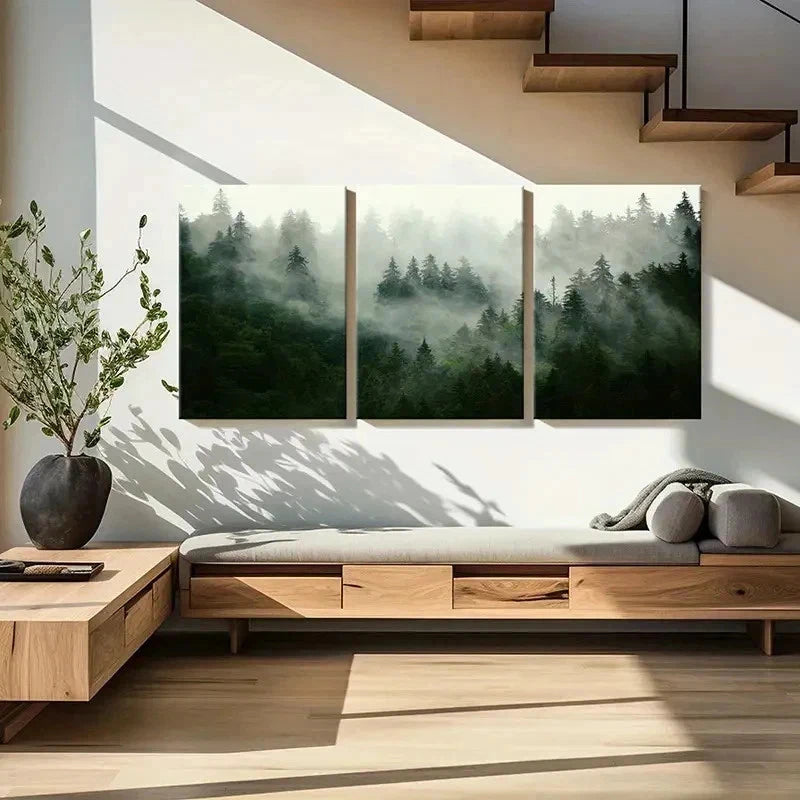 3pcs Forest Fog and Tall Trees Landscape Wall Art Set Canvas Framed 60x90cm - High Quality Print 100% Australian Made Wall Canvas Ready to Hang - Bella Home Decor