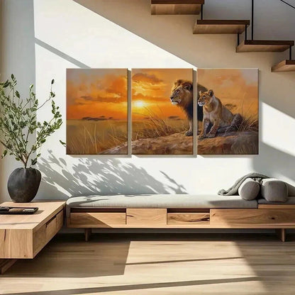 3pcs Lion Couple Sunset Grassland Majesty Wall Art Set Canvas Framed 50x70cm - High Quality Print 100% Australian Made Wall Canvas Ready to Hang - Bella Home Decor