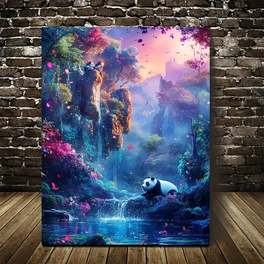Vibrant Panda in Magical Forest Scene Painting 40x60cm Metal Print Ready to Hang - Bella Home Decor