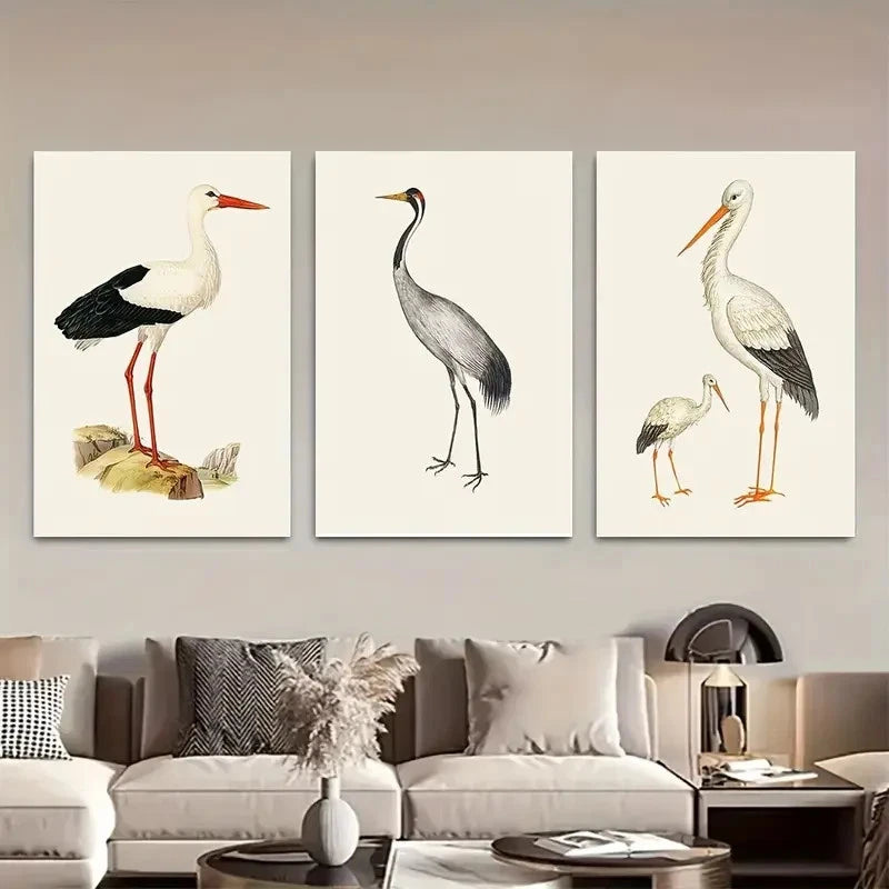 3pcs Vintage Stork Print Set Metal Print Ready to Hang Art