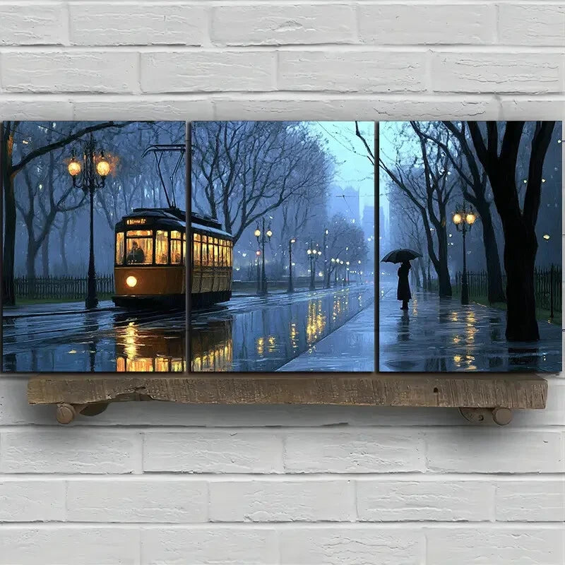 3pcs Rainy Street Big Trees Women Standing On Road Metal Print Ready to Hang Art - Bella Home Decor