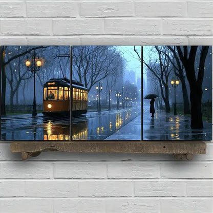 3pcs Rainy Street Big Trees Women Standing On Road Metal Print Ready to Hang Art - Bella Home Decor
