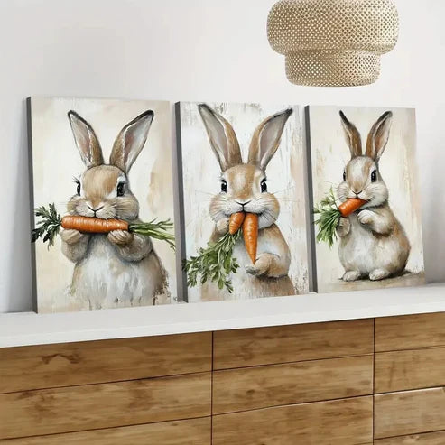 3pcs Cute Rabbit Orange Carrot Green Leaves Wall Art Set Canvas Unframed - High Quality Print 100% Australian Made Wall Canvas - Bella Home Decor