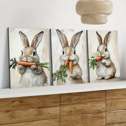 3pcs Cute Rabbit Orange Carrot Green Leaves Wall Art Set Canvas Unframed - High Quality Print 100% Australian Made Wall Canvas - Bella Home Decor