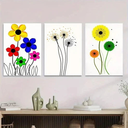 3pcs Vibrant Floral & Dandelion Colorful Flower Wall Art Set Canvas Unframed - High Quality Print 100% Australian Made Wall Canvas
