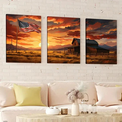 3pcs Rustic Barn American Flag Sun Shine Clouds Wall Art Canvas Unframed - High Quality Print 100% Australian Made Wall Canvas