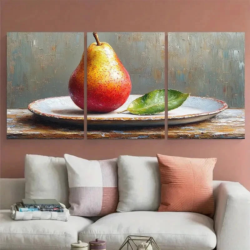 3pcs Pear on a Plate with a Leaf Metal Print Ready to Hang Art - Bella Home Decor