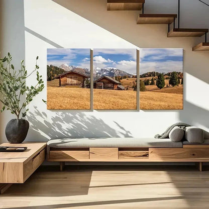 3pcs Plateau Mountains and Huts Modern Wall Art Set Canvas Framed 50x70cm - High Quality Print 100% Australian Made Wall Canvas Ready to Hang - Bella Home Decor