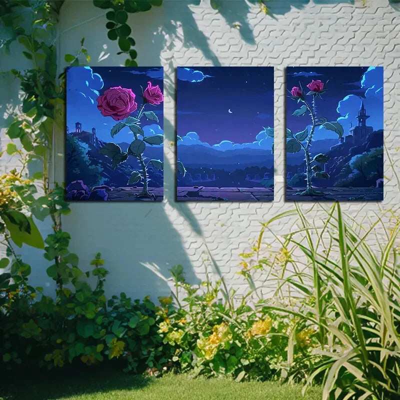 3pcs Elegant Roses Night Themed Design Metal Print Ready to Hang Art - Bella Home Decor