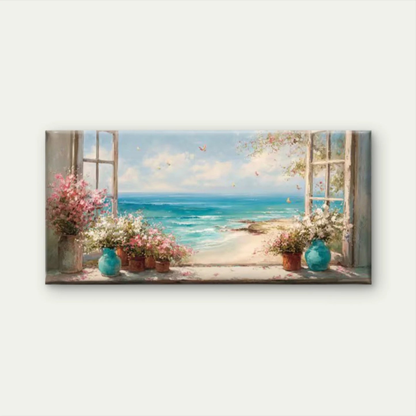 Potted Plants & Ocean View Wall Art Canvas Office Home Room Framed 120x60cm