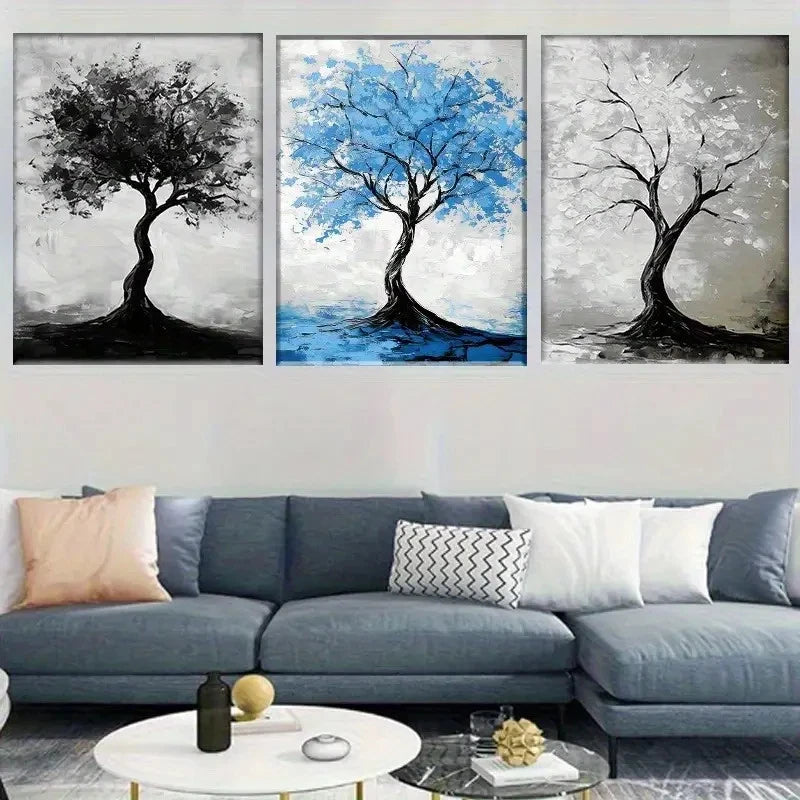 3pcs Modern Abstract Tree Black Blue & Gray Metal Print Ready to Hang Art