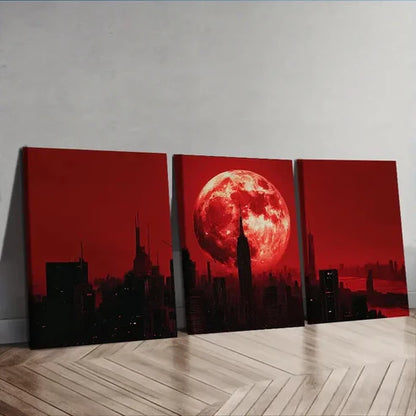 3pcs Big Red Moon Cityscape Wall Art Set Canvas Unframed - High Quality Print 100% Australian Made Wall Canvas - Bella Home Decor