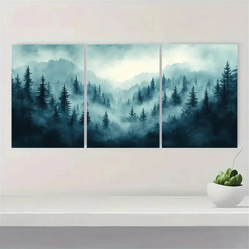 3pcs Foggy Forest Watercolor Landscape Art Metal Print Ready to Hang Art