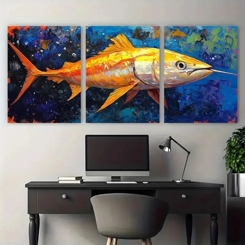 3pcs Vibrant Fish with Blue & Orange Hues Metal Print Ready to Hang Art - Bella Home Decor
