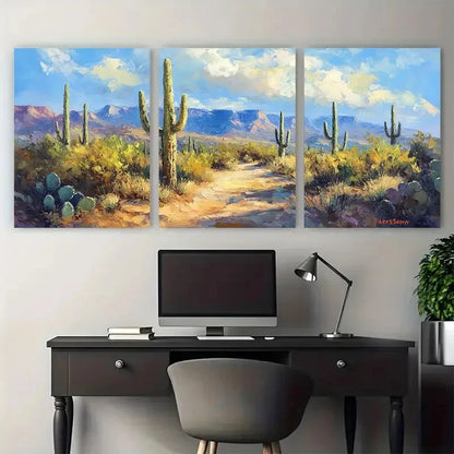 3pcs Saguaro Cactus Landscape Impasto Design Wall Art Set Canvas Framed 50x70cm - High Quality Print 100% Australian Made Wall Canvas Ready to Hang