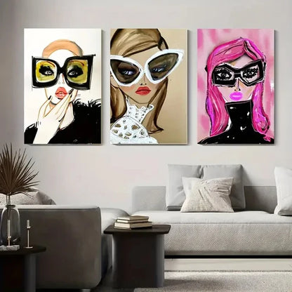 3pcs Stylish Women with Large Fashion Glasses Wall Art Set Canvas Unframed - High Quality Print 100% Australian Made Wall Canvas