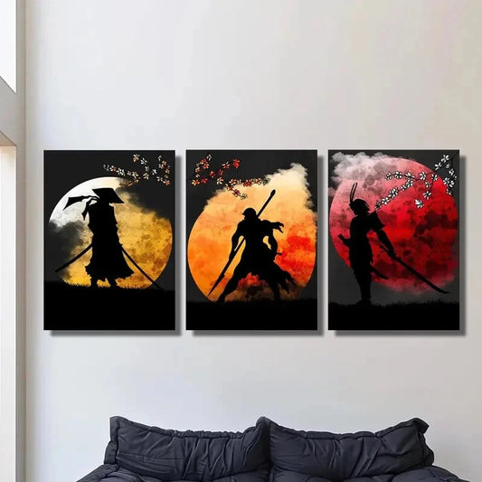 3pcs Moon Warrior Silhouette, Epic Samurai Metal Print Ready to Hang Art