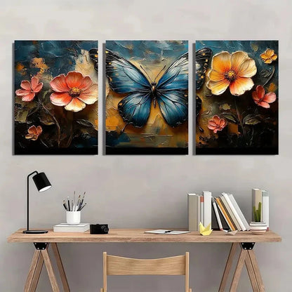 3pcs Vibrant Blue Butterfly with Orange Flowers Wall Art Set Canvas Framed 40x60cm - High Quality Print 100% Australian Made Wall Canvas Ready to Hang