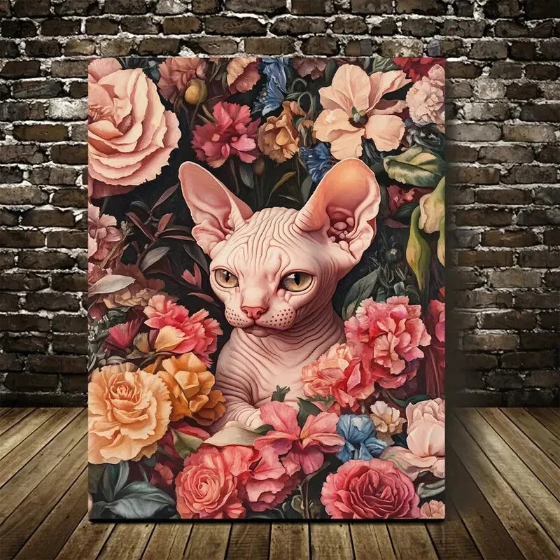 Flowers And Plants Cute Sphynx Kitten Painting 40x60cm Metal Print Ready to Hang - Bella Home Decor