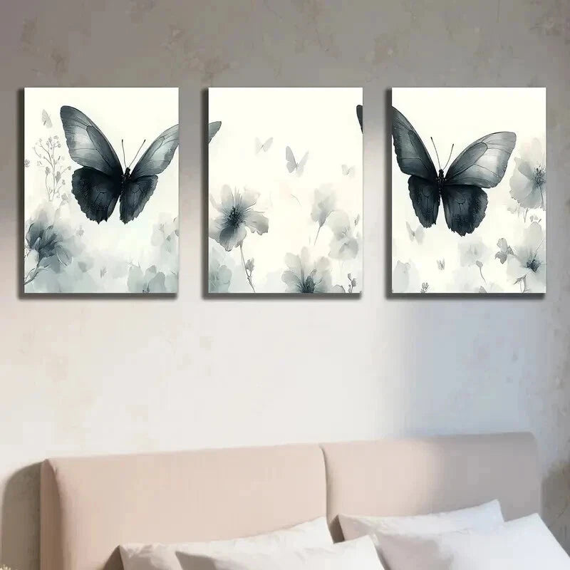 3pcs Black Butterfly & White Flowers Decor Wall Art Set Canvas Framed 50x70cm - High Quality Print 100% Australian Made Wall Canvas Ready to Hang - Bella Home Decor