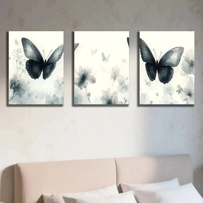 3pcs Black Butterfly & White Flowers Decor Wall Art Set Canvas Framed 50x70cm - High Quality Print 100% Australian Made Wall Canvas Ready to Hang - Bella Home Decor