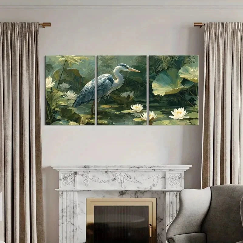3pcs Heron Waterlily Pond Nature Landscape Metal Print Ready to Hang Art - Bella Home Decor