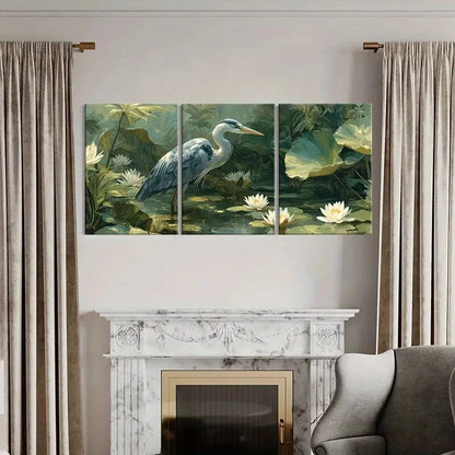 3pcs Heron Waterlily Pond Nature Landscape Metal Print Ready to Hang Art - Bella Home Decor
