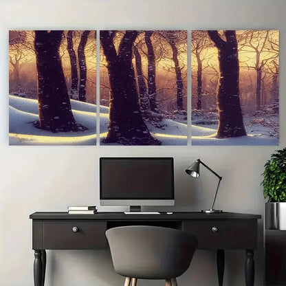3pcs Snowy Forest Winter and Sunlit Pathway Scene Metal Print Ready to Hang Art - Bella Home Decor