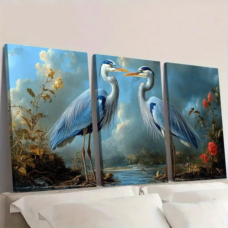 3pcs Great Blue Herons Art Y  Wall Art Set Canvas Framed 50x70cm - High Quality Print 100% Australian Made Wall Canvas Ready to Hang - Bella Home Decor