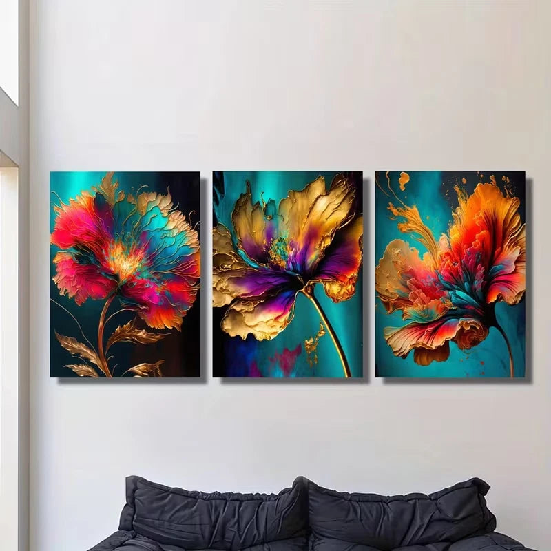 3pcs Bohemian Abstract Colorful Flower Paintings Metal Print Ready to Hang Art - Bella Home Decor