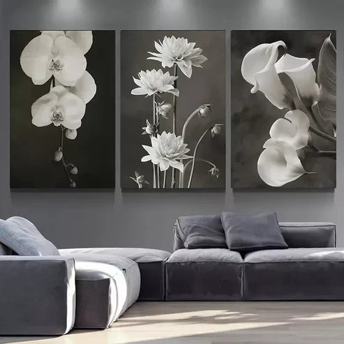 3pcs Beautiful Flower Painting Black And White Canvas Framed 60x90cm - High Quality Print 100% Australian Made Wall Canvas Ready to Hang