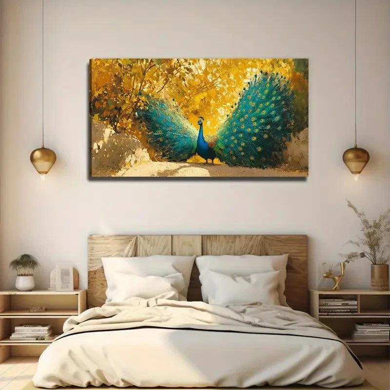 Open Screen Peacock Wall Art Canvas Office Home Room Framed 120x60cm