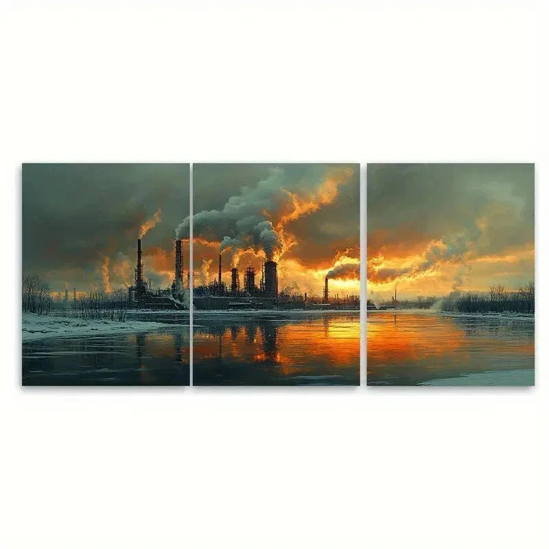 3pcs Vibrant Cityscape & Industrial Smoke E  Wall Art Set Canvas Framed 60x90cm - High Quality Print 100% Australian Made Wall Canvas Ready to Hang