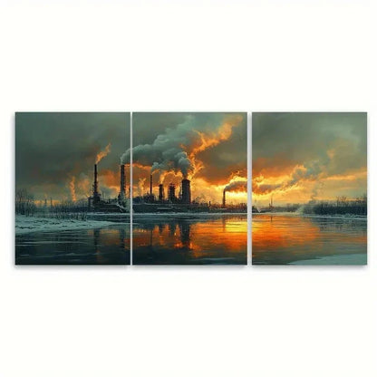 3pcs Vibrant Cityscape & Industrial Smoke E  Wall Art Set Canvas Framed 60x90cm - High Quality Print 100% Australian Made Wall Canvas Ready to Hang