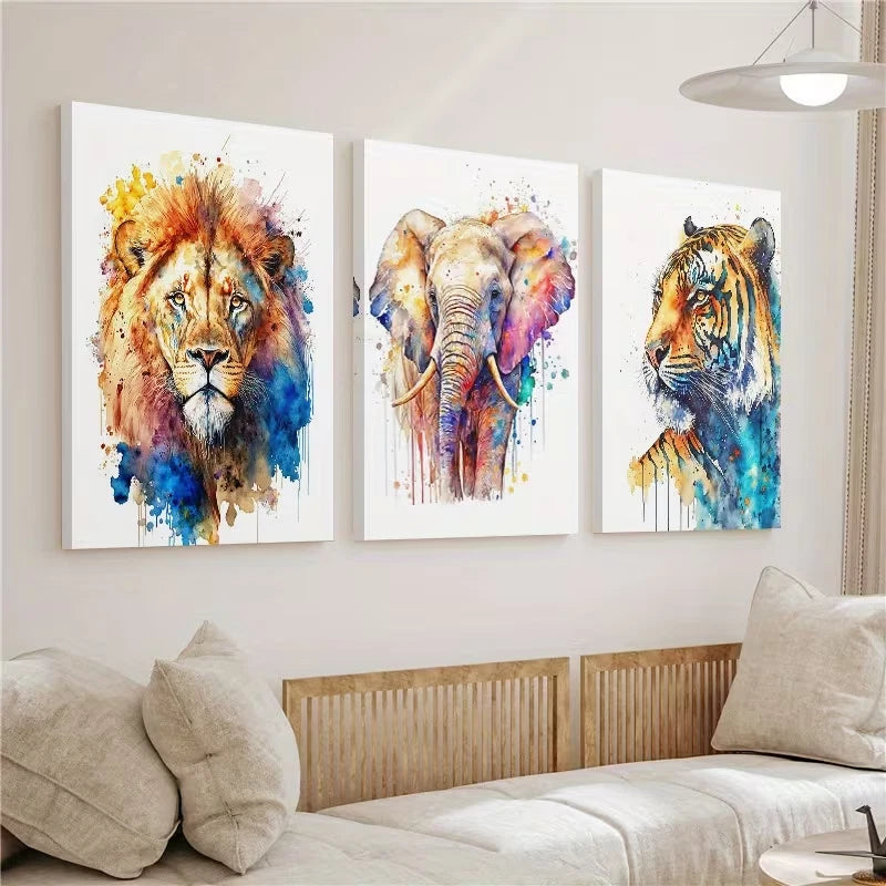 3pcs Colorful Safari Animals Watercolor Wall Art Set Canvas Framed 60x90cm - High Quality Print 100% Australian Made Wall Canvas Ready to Hang