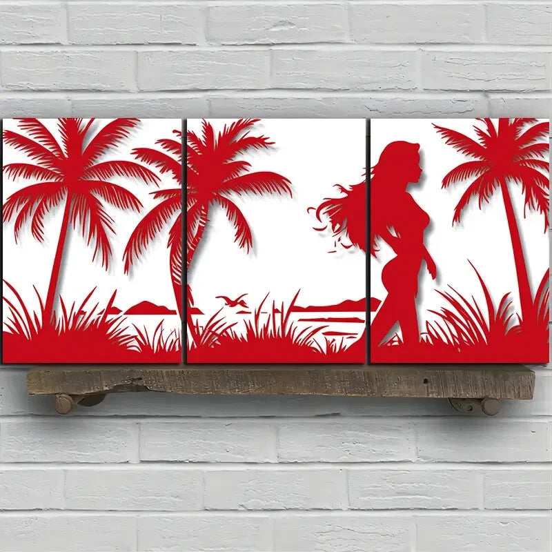 3pcs Tropical Beach Scene Red & White Metal Print Ready to Hang Art - Bella Home Decor