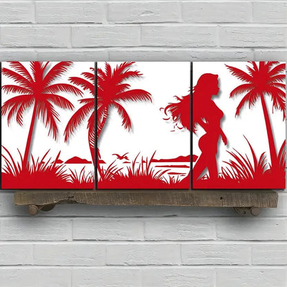 3pcs Tropical Beach Scene Red & White Metal Print Ready to Hang Art - Bella Home Decor