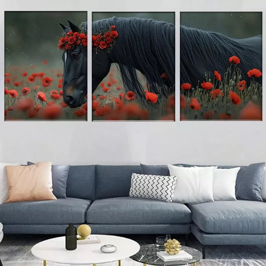 3pcs Elegant Poppy Field Majestic Black Horse Wall Art Set Canvas Framed 40x60cm - High Quality Print 100% Australian Made Wall Canvas Ready to Hang
