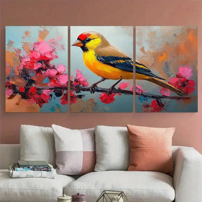 3pcs Vibrant Yellow Goldfinch on Branch Metal Print Ready to Hang Art - Bella Home Decor