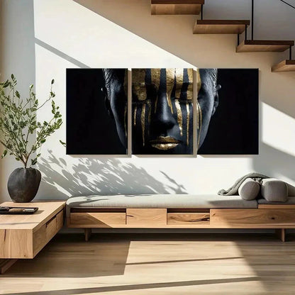3pcs Golden Stripes Black Face Modern Abstract Metal Print Ready to Hang Art - Bella Home Decor