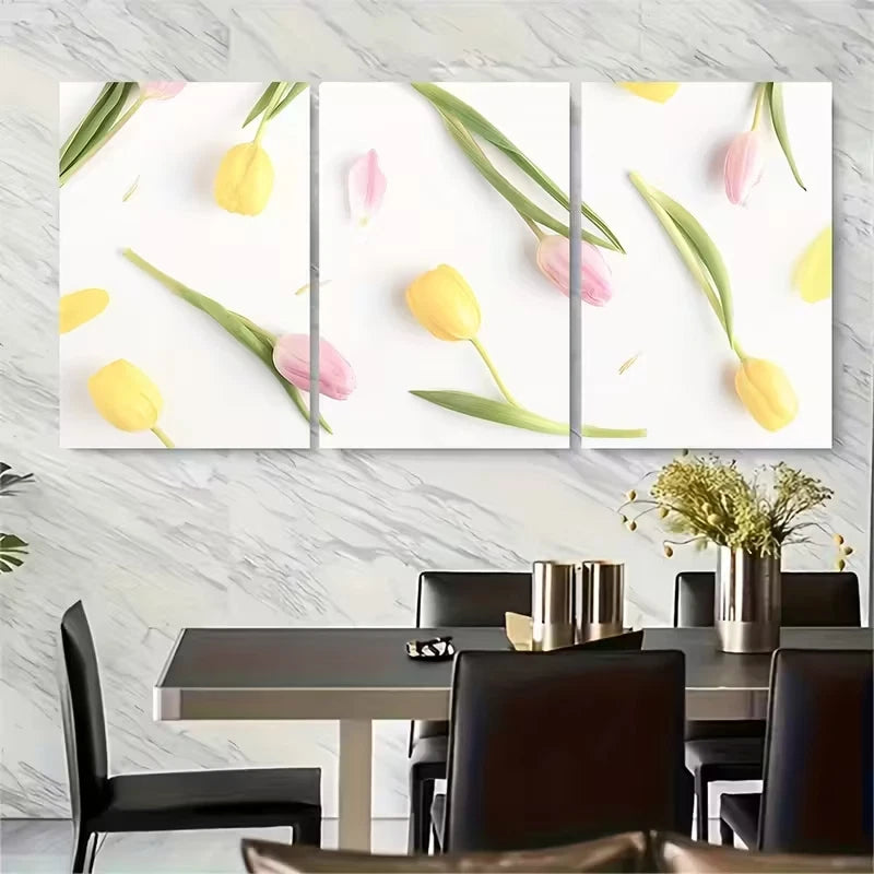 3pcs Vibrant Tulips and Pink Buds Metal Print Ready to Hang Art