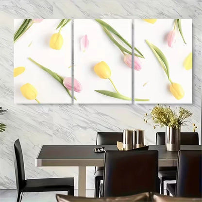 3pcs Vibrant Tulips and Pink Buds Metal Print Ready to Hang Art