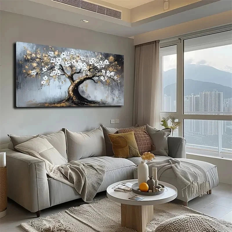 Tree & White Flowers Wall Art canvas office home room framed 120x60cm - Bella Home Decor