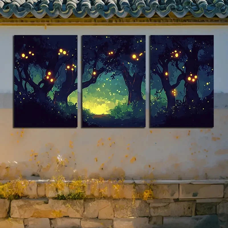 3pcs Fluorescent Forest Mystical Night Scene Metal Print Ready to Hang Art - Bella Home Decor