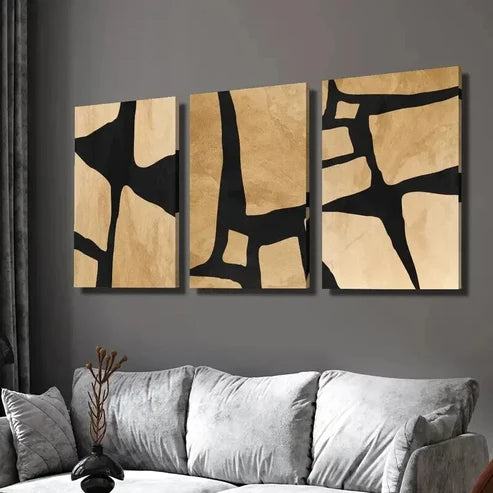 3pcs Geometric Abstract Shape in Beige And Black Wall Art Canvas Unframed - High Quality Print 100% Australian Made Wall Canvas - Bella Home Decor